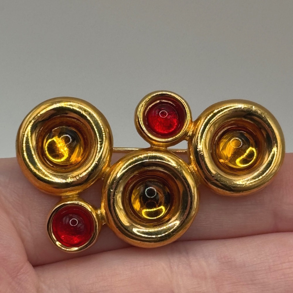 Vintage Gold Tone Brooch Modernist Circle Multicolor Cabochon Pin